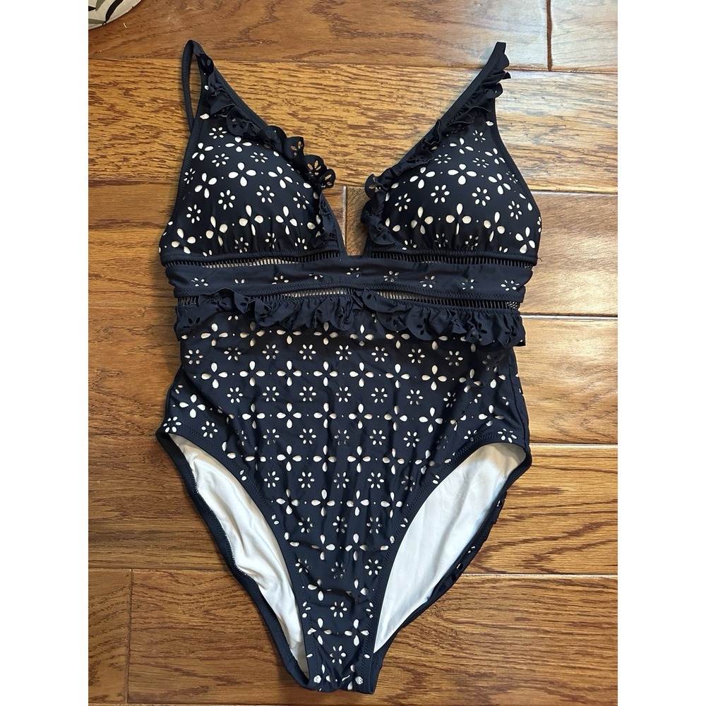 J.Crew Black Scalloped Ruffle Plunging One Piece Swimsuit Laser Cut Eyelet 10